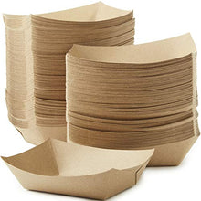 Load image into Gallery viewer, Eco Friendly, USA-Made 3lb Food Holder Trays 150 Pack. Compostable Kraft Paper Container for Diners, Concession Stands or Camping. Best Sturdy 3 Lb Disposable Party Snack Boat for Nachos, Tacos or BBQ