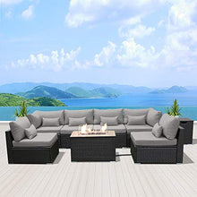 Load image into Gallery viewer, DINELI Patio Furniture Sectional Sofa with Gas Fire Pit Table Outdoor Patio Furniture Sets Propane Fire Pit (Light Grey-Rectangular Table)