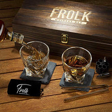 Load image into Gallery viewer, Whiskey Bullet Stones Premium Gift Set By Frolk, Set Of 6 Extra Large Stainless Steel Whiskey Stones, 2 Large Twisted Whiskey Glasses (11 oz), Freezer Base, Velvet Pouch & Tongs In Novelty Wooden Box