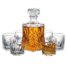 Load image into Gallery viewer, Paksh Novelty 7-Piece Italian Crafted Glass Decanter & Whisky Glasses Set, Elegant Whiskey Decanter with Ornate Stopper and 6 Exquisite Cocktail Glasses