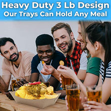 Load image into Gallery viewer, Eco Friendly, USA-Made 3lb Food Holder Trays 150 Pack. Compostable Kraft Paper Container for Diners, Concession Stands or Camping. Best Sturdy 3 Lb Disposable Party Snack Boat for Nachos, Tacos or BBQ