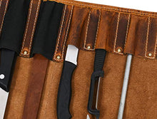 Load image into Gallery viewer, Leather Knife Roll Storage Bag | Elastic and Expandable 10 Pockets | 6 Leather Pocket | Adjustable/Detachable Shoulder Strap | Travel-Friendly Chef Knife Case Roll By Aaron Leather (Caramel, Leather)