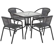 Load image into Gallery viewer, Flash Furniture 28'' Square Glass Metal Table with Gray Rattan Edging and 4 Gray Rattan Stack Chairs
