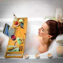Load image into Gallery viewer, Luxury Bamboo Bathtub Tray Caddy - Expandable and Nonslip Bath Caddy with Book/Tablet and Wine Glass Holder - Great Gift Idea for Loved Ones
