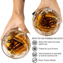 Load image into Gallery viewer, Whiskey Bullet Stones Premium Gift Set By Frolk, Set Of 6 Extra Large Stainless Steel Whiskey Stones, 2 Large Twisted Whiskey Glasses (11 oz), Freezer Base, Velvet Pouch & Tongs In Novelty Wooden Box