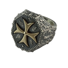 Load image into Gallery viewer, Knights Templar Maltese Cross Mens Ring Fleur De Lis Silver 925 and 10K Gold Masonic Jewelry