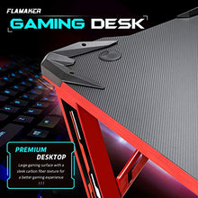 Load image into Gallery viewer, Flamaker Gaming Desk Gaming Table Computer Desk Gamer Table Z Shape Game Station with Large Carbon Fiber Surface, Cup Holder & Headphone (Red)