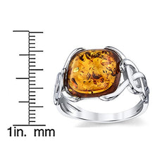 Load image into Gallery viewer, Sterling Silver Baltic Amber Irish Celtic Design Ring with Cognac Color Large Cushion Shape Stone 7
