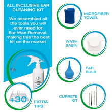 Load image into Gallery viewer, Ear Wax Removal Tool by Tilcare - Ear Irrigation Flushing System for Adults & Kids - Perfect Ear Cleaning Kit - Includes Basin, Syringe, Curette Kit, Towel and 30 Disposable Tips