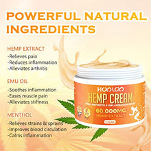 Load image into Gallery viewer, Hemp Cream, HOOLOO 60,000 Natural Hemp Extract Cream, Fast Relief, Muscle, Joint, Lower Back, Knees, Fingers, Nerves, Made in USA, 5oz