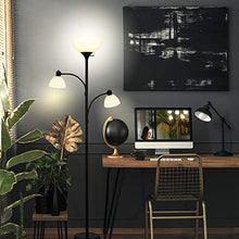 Load image into Gallery viewer, Brightech Sky Dome Double – High Brightness Torchiere Floor Lamp with 2 Reading Lights for Living Rooms, Bedrooms – Replace Halogen Standing Lamps with Efficient LED Office Lighting - Tall Black Pole