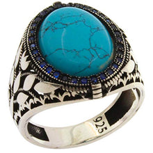 Load image into Gallery viewer, Solid 925 Sterling Silver Rings for Men Turkish Handmade Simulated Turquoise Luxury Design Premium Quality (14.75)
