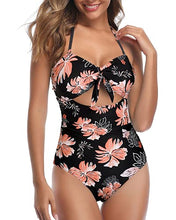 Load image into Gallery viewer, Tempt Me Women Floral Sexy Cutout One Piece Swimsuits Tummy Control High Waisted Halter Front Tie Knot Bathing Suit S