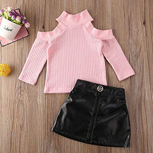 Load image into Gallery viewer, Kids Baby Girls Outfits Off Shoulder Sweater Tops+PU Leather Mini Skirt 2PCS Set Winter Clothes(Pink+Black, 18Months-2 T)