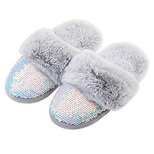 Load image into Gallery viewer, Furry Slippers for Girls Slippers with Rubber Soles Comfortable Slippers for Kids Indoor Warm Slippers Kids Sparkly Slippers Non Skid Grey Size 10