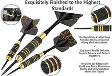 Load image into Gallery viewer, CC-Exquisite Professional Steel Tip Darts Set - 6 x 22g Brass Barrels with 12 Flights Standard/Slim, 12 Aluminum Shafts 35/48mm, 12 O-Rings, Dart Tool, Dart Sharpener and Case (Black & Gold)