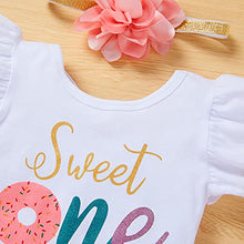 Load image into Gallery viewer, Baby Girl 1st Birthday Cake Smash Outfits Donuts Romper+Tutu Skirt+Headband+Leg Warmers Clothes 4Pcs Set(Colorful 1, 9-12 Months)