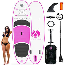 Load image into Gallery viewer, Crew Axel Inflatable Stand Up Paddle Board (6” Thick) Non Slip SUP W Premium Backpack, 3 Fins, Floating Paddle, Pump, & Leash (10’ x 30” x 6”) Light Weight (17lb) Wide Stance Kids & Adults (Pink)