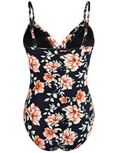 Load image into Gallery viewer, Hilor Women's One Piece Swimsuits Front Twist Swimwear V Neck Shirred Bathing Suit Monokini Black Floral 10