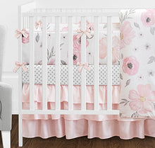 Load image into Gallery viewer, 9 pc. Blush Pink, Grey and White Shabby Chic Watercolor Floral Baby Girl Crib Bedding Set with Bumper by Sweet Jojo Designs - Rose Flower Polka Dot