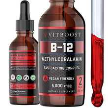 Load image into Gallery viewer, VitBoost Vegan Liquid B-12 Drops – 60 x 5000 mcg Extra Strength Raspberry Flavored Vitamin B12 Liquid Methylcobalamin sublingual Supplement | Designed to Maximize Absorption & Energy | Gluten Free