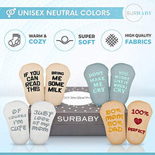 Load image into Gallery viewer, SurBaby Baby Socks Gift Set- Cute & Funny Unique Baby Shower Gifts & Registry Idea-Baby Gift Sets Unisex – 90% Cotton, Anti Slip, Cutest Gift Box – Socks with Funny Sayings (4 Unique Pairs)