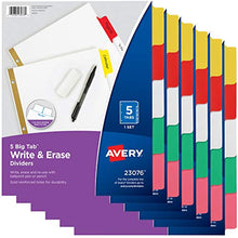 Load image into Gallery viewer, Avery 5-Tab Binder Dividers, Write & Erase Multicolor Big Tabs, 6 Sets (23076)
