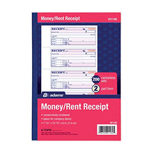 Load image into Gallery viewer, Adams Money and Rent Receipt Book, 2-Part, Carbonless, White/Canary, 7-5/8" x 10-7/8", Bound Wraparound Cover, 200 Sets per Book, 4 Receipts per Page (DC1182)