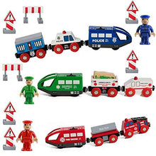 Load image into Gallery viewer, On Track USA Wooden Train Set Battery Operated Action Rescue Trains Includes 3 Magnetic Motorized Engines and 6 Cars, Compatible with Wooden Train Tracks From All Major Brands (Batteries Not Included)