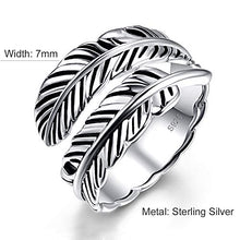 Load image into Gallery viewer, AVECON 925 Sterling Silver Adjustable Feather Ring Vintage Statement Leaf Ring for Women Men