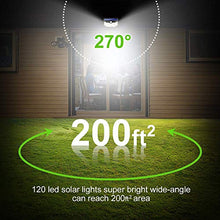 Load image into Gallery viewer, HMCITY Solar Lights Outdoor 120 LED with Lights Reflector and 3 Lighting Modes, Motion Sensor Security Lights,IP65 Waterproof Solar Powered for Garden Patio Yard (2Pack)