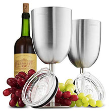 Load image into Gallery viewer, FineDine Premium Grade 18/8 Stainless Steel Wine Glasses 12 Oz. Double-Walled Insulated Unbreakable Goblets (Set of 2) Stemmed Wine Glass BPA-Free Leak Resistant Lid for Red White Wine, Brushed Metal
