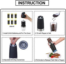 Load image into Gallery viewer, Gravity Electric Salt and Pepper Grinder Set, Automatic Pepper and Salt Mill Grinder Battery-Operated with Adjustable Coarseness, LED Light, One Hand Operated By Rongyuxuan