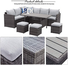 Load image into Gallery viewer, Wisteria Lane Patio Furniture Set,7 Piece Outdoor Dining Sectional Sofa Couch with Dining Table and Chair, All Weather Deck Wicker Conversation Set with Cushion, Grey