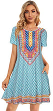 Load image into Gallery viewer, Women Boho Dresses Summer Vintage Printed Ethnic Style Sundress Shift Short Sleeves Pocket(Light Blue Boho,L)