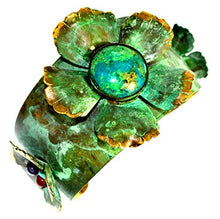 Load image into Gallery viewer, Verdigris Patina Sculptural Flowers Tapered Cuff - Chrysocolla