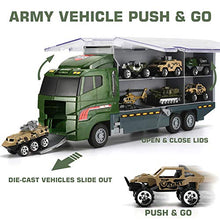 Load image into Gallery viewer, 26 Pcs Military Truck with Soldier Men Set(2 in 1), Mini Die-cast Battle Car in Carrier Truck, Army Toy Double Side Transport Vehicle for Kid Child Girl Boy Play Birthday Party Favors