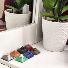 Load image into Gallery viewer, 7 mini pyramids for self-care, harmony, meditation, yoga, spirituality, crystal decor, balance workspace made of Orange calcite, Shungite, Lapis, Quartz Crystal, Chrysoprase, Bronzite, Rhodonite