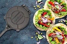 Load image into Gallery viewer, 10 Inch Cast Iron Tortilla Press by StarBlue with FREE 100 Pieces Oil Paper and Recipes e-book - Tool to make Indian style Chapati, Tortilla, Roti