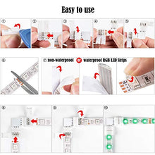 Load image into Gallery viewer, L Shape 4-Pin LED Connectors 10-Pack JACKYLED 10mm Wide Right Angle Corner Connectors Solderless Adapter Connector Terminal Extension with 22Pcs Clips for 3528/5050 SMD RGB 4 Conductor LED Light Strips