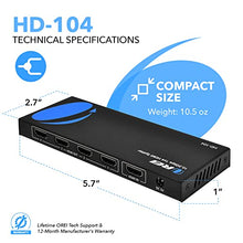 Load image into Gallery viewer, 4K 1x4 HDMI Splitter by OREI - 1 Port to 4 HDMI Display Duplicate/Mirror - Powered Splitter Ver 1.4 Certified for Full HD 1080P High Resolution & 3D Support (One Input To Four Outputs) - HD-104 Black