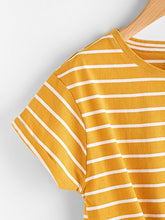 Load image into Gallery viewer, ROMWE Women's Knot Front Long Sleeve Striped Crop Top Tee T-shirt, Yellow & White, Small / US 0-2