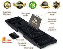 Load image into Gallery viewer, ROYAL CRAFT WOOD Luxury Bamboo Bathtub Caddy Tray with Book and Wine Holder - One or Two Person Bath and Bed Tray with Extending Sides - Free Soap Dish (Black)