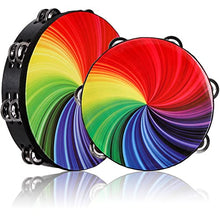 Load image into Gallery viewer, Coloch 2 Pack Wood Radiant Tambourine with Double Row Jingles, Hand Held Drum Reflective Tambourine Percussion Musical Instrument for Kid& Adult, Party, KTV, Church, Music Show, 8 and 10 Inch