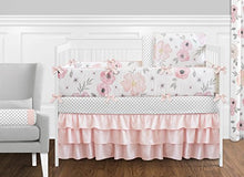 Load image into Gallery viewer, 9 pc. Blush Pink, Grey and White Shabby Chic Watercolor Floral Baby Girl Crib Bedding Set with Bumper by Sweet Jojo Designs - Rose Flower Polka Dot
