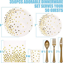 Load image into Gallery viewer, White and Gold Party Supplies 350PCS Disposable Dinnerware Set - White Paper Dinner/Dessert Plates Napkins Cups, Gold Plastic Forks Knives Spoons for Birthday Graduation Fathers Day Independence Day