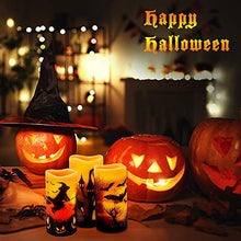 Load image into Gallery viewer, Halloween Flickering Flameless Candles - Battery Operated LED Real Wax Candles with 6 Hours Timer - Bats, Castle, Witch LED Flickering Candles for Halloween Christmas Wedding Party Decor, Pack of 3