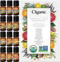 Load image into Gallery viewer, Cliganic USDA Organic Aromatherapy TOP 12 Essential Oils Set, 100% Pure - Peppermint, Lavender, Eucalyptus, Tea Tree, Lemongrass, Rosemary, Frankincense, Orange, Lemon, Cassia, Cedarwood & Grapefruit