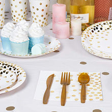 Load image into Gallery viewer, Decorlife Party Plates, White and Gold Party Supplies Set, Total 192PCS, 12oz Cups for Adults, 48PCS Party Napkins, Plates, Gold Cutlery Included – Serves 24