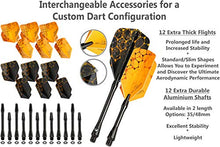 Load image into Gallery viewer, CC-Exquisite Professional Steel Tip Darts Set - 6 x 22g Brass Barrels with 12 Flights Standard/Slim, 12 Aluminum Shafts 35/48mm, 12 O-Rings, Dart Tool, Dart Sharpener and Case (Black & Gold)